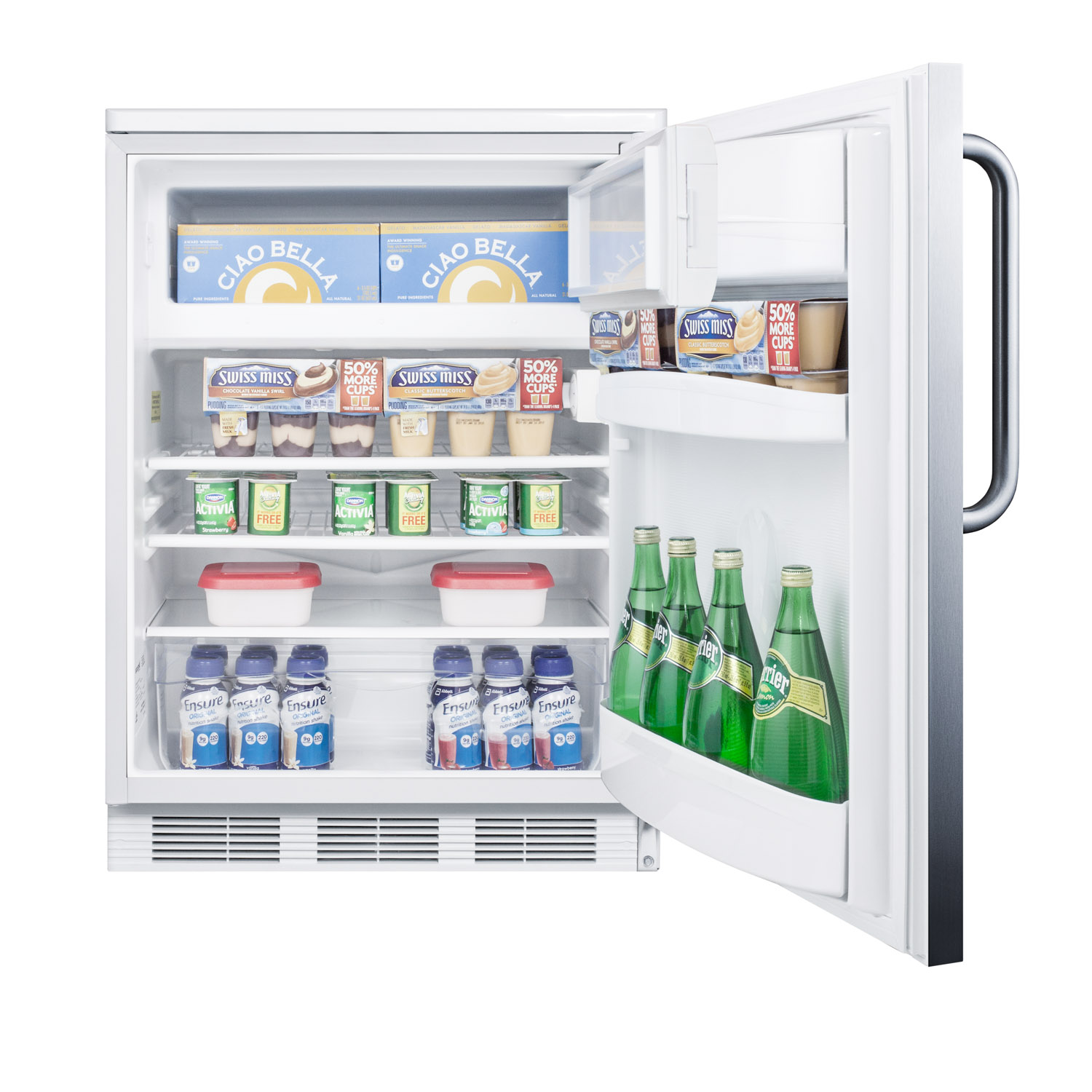 Built-in undercounter refrigerator-freezer for general purpose use, with lock, dual evaporator cooling, cycle defrost, SS door, TB handle and white cabinet